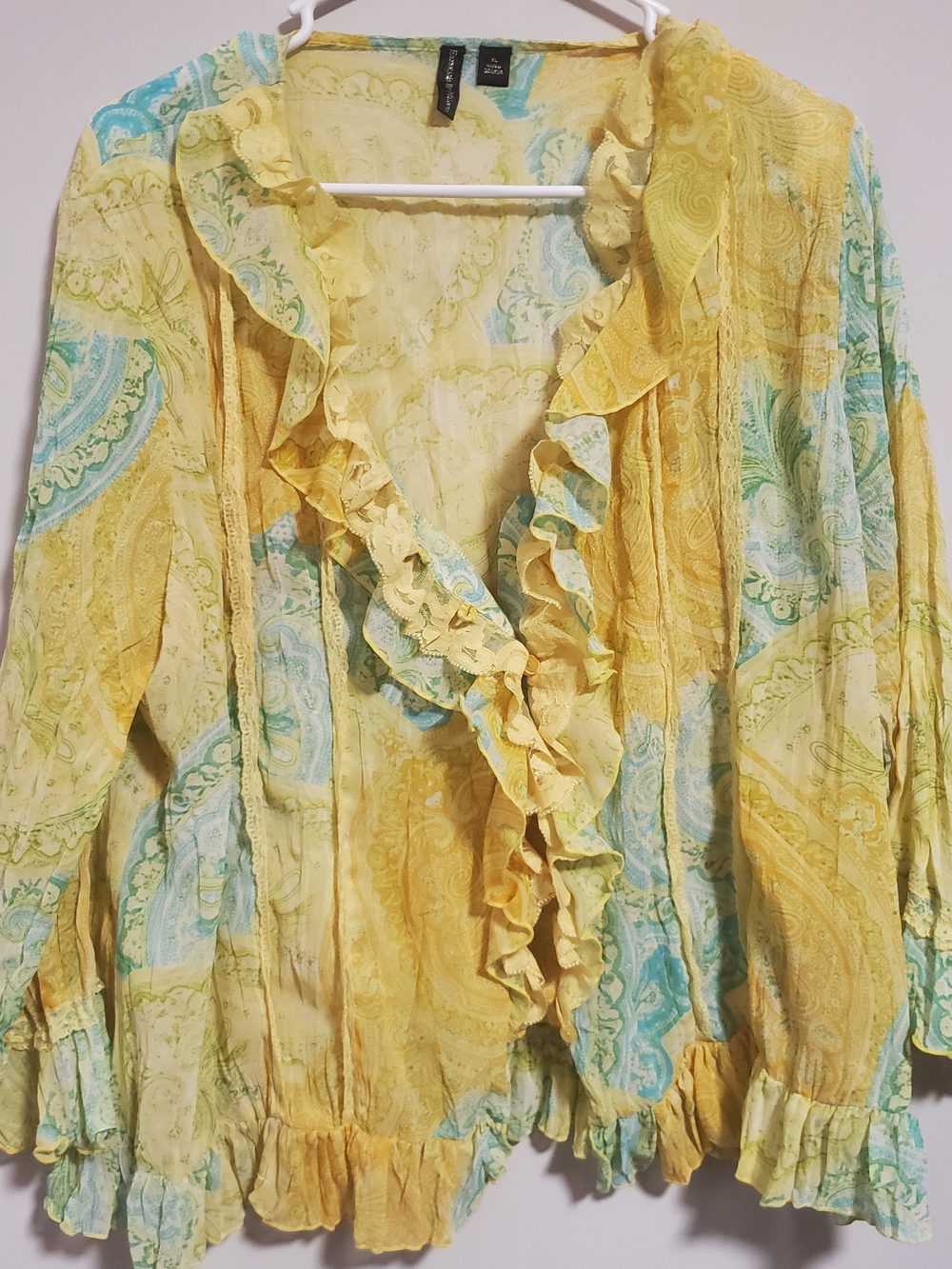 Essentials by Milano Yellow Paisley Ruffle Blouse with Blue Accents
